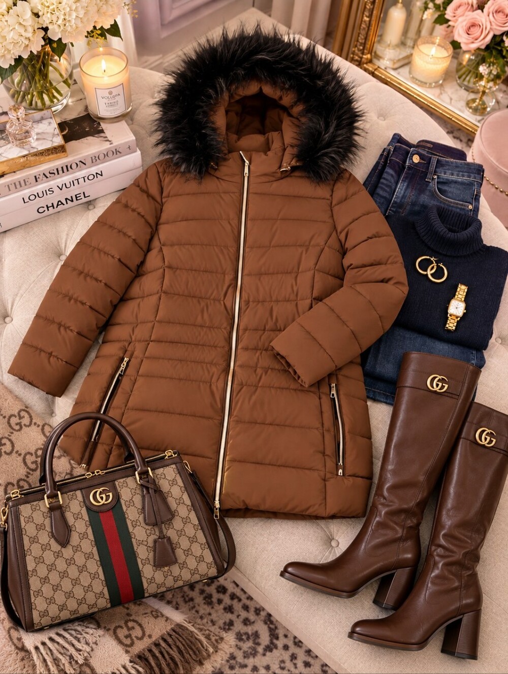 Nuage Stretch Puffer Coat with Removable Faux Fur Trim Hood |Petite Lg |Like New - Picture 2 of 6